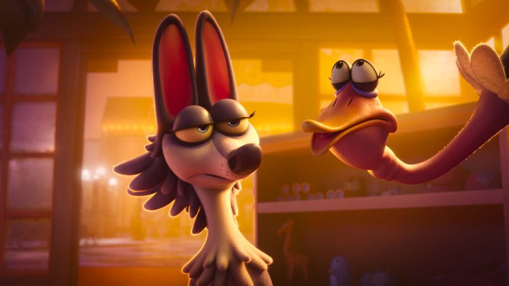 Gracie the wolf and Ash the ostrich in Night Of The Zoopocalypse, directed by Ricardo Curtis and Rodrigo Perez-Castro. Copyright: Kazoo Films. All Rights Reserved.